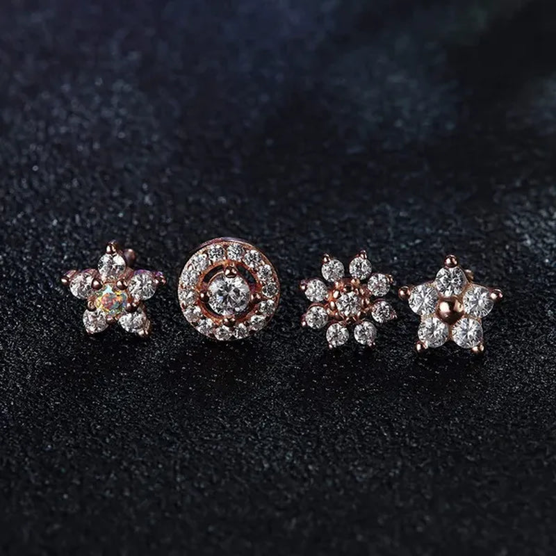 4-piece 925 Sterling Silver Women's Nose Nail 20G Nose Nail Inlaid with Cubic Zirconia Lovely Flower Star Shaped Nose Ring L-shaped Screw Rose Gold Nose Ring Anti Allergic Nose Jewelry