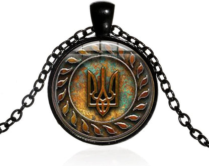 Tryzub Ukrainian Trident Pendant Necklace for Men Women,Ukraine Flag Symbol Logo Necklace Mens Womens  Jewelry Necklace Gift Black Plated Link Chain Glass Cabochon Spiritual Necklace 20'' Chain+2'' Extender (Gift Packaging)