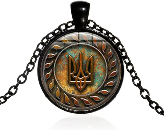 Tryzub Ukrainian Trident Pendant Necklace for Men Women,Ukraine Flag Symbol Logo Necklace Mens Womens  Jewelry Necklace Gift Black Plated Link Chain Glass Cabochon Spiritual Necklace 20'' Chain+2'' Extender (Gift Packaging)