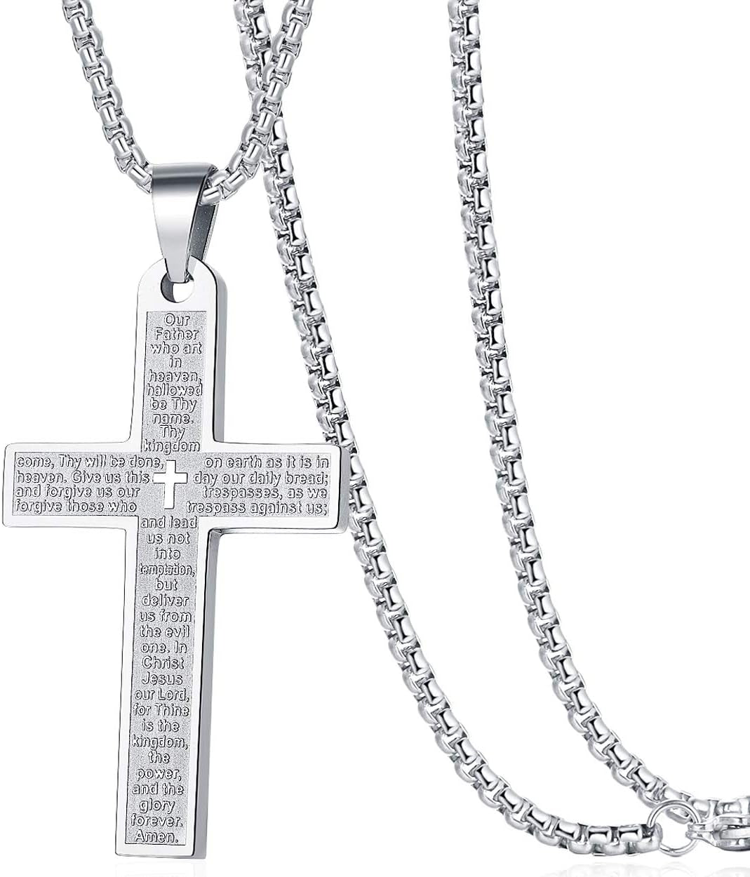 Men'S Nail Lord'S Prayer Cross Pendant Necklace for Men Women Stainless Steel Chain 24"
