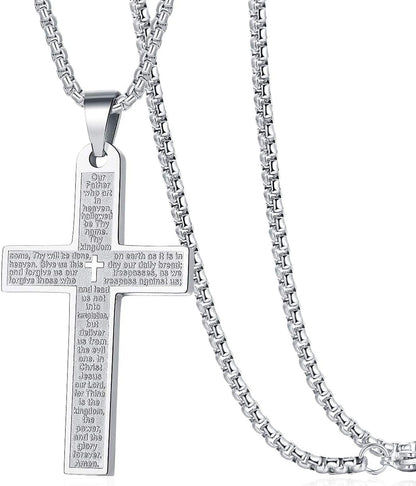 Men'S Nail Lord'S Prayer Cross Pendant Necklace for Men Women Stainless Steel Chain 24"