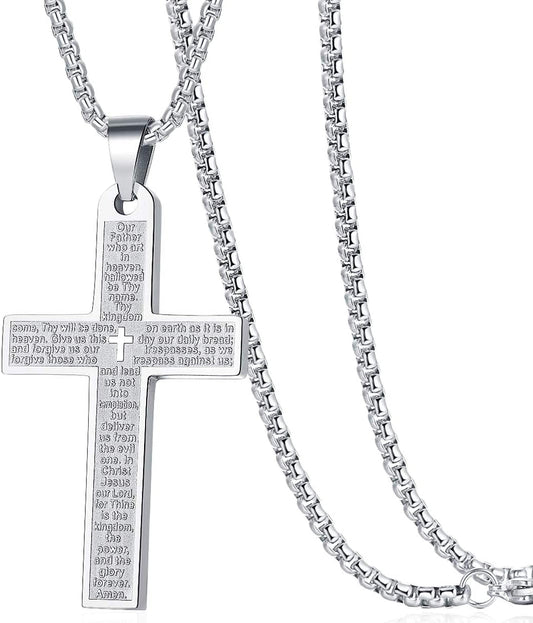 Men'S Nail Lord'S Prayer Cross Pendant Necklace for Men Women Stainless Steel Chain 24"
