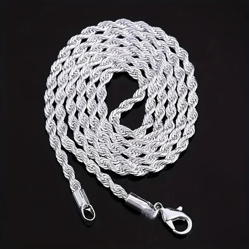 Fashion and Exquisite Men and Women 925 Silver Solid Silver 4Mm Rope Chain Necklace Bracelet (Necklace + Bracelet)