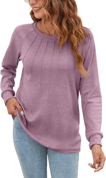 Women Long Sleeve Shirts Casual Tops Dressy Blouses Fashion Pleated Tunic