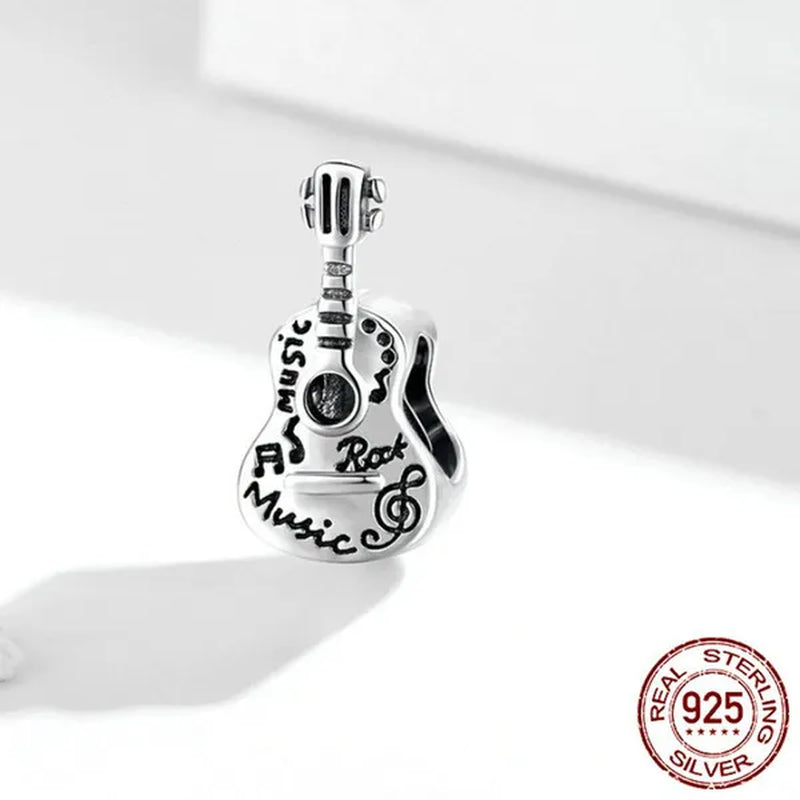 Fashion 925 Sterling Silver Simple Guitar Charm Fit Original Bracelet Diy
