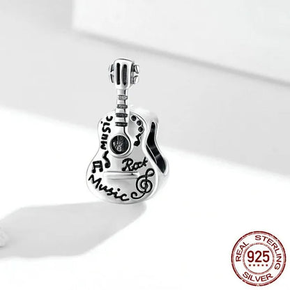 Fashion 925 Sterling Silver Simple Guitar Charm Fit Original Bracelet Diy