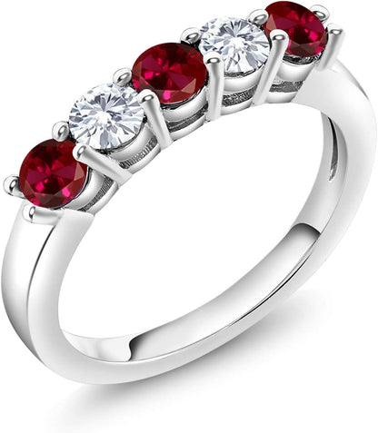925 Sterling Silver Red Created Ruby and White Moissanite 5-Stone Wedding Anniversary Band Ring for Women (1.07 Cttw, Gemstone July Birthstone, Available in Size 5, 6, 7, 8, 9)