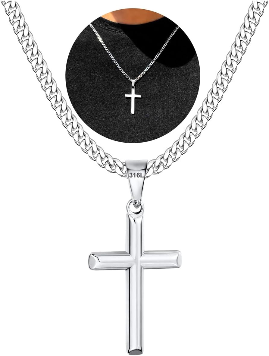 316L Stainless Steel Cross Chain Necklace Valentines Stuff Jewelry Gifts for Men Boys, Silver Gold Black Necklaces 5Mm Non-Fading Sturdy Cuban Chain with Cross Pendant 14/16/18/20/22/24Inch