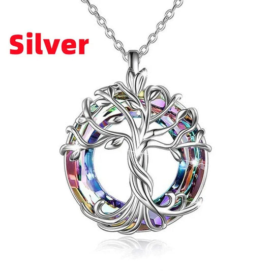 European and American Fashion Women Celtic Life Tree Crystal Pendant Necklace 925 Sterling Silver Star round Sapphire Necklace Anniversary Party Birthday Gifts for Daughte