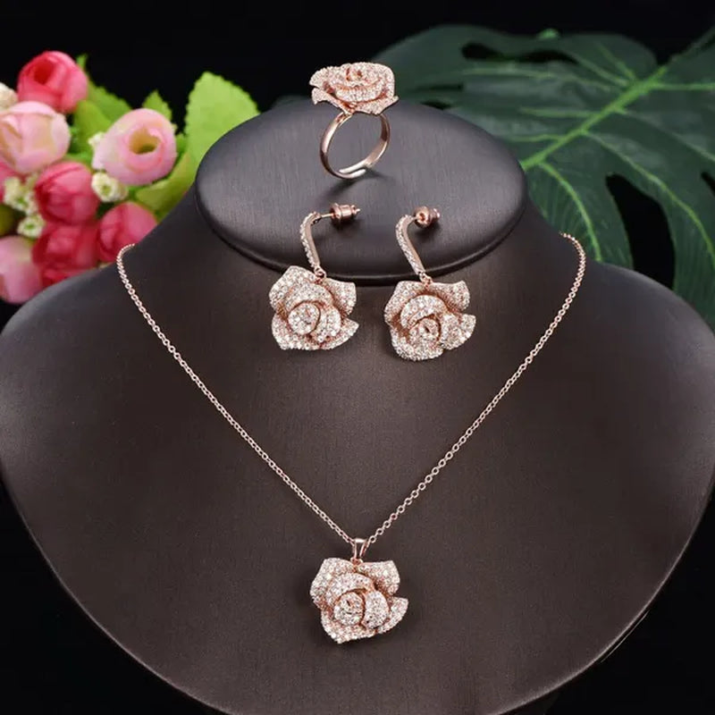 CANDICE Exquisite Banquet Party Jewelry Set for Women White Gold Plated Micro Inlaid AAA CZ Rose Flower Drop Necklace Silver Plated Earrings with Adjustable Ring - WORLD TIME VISITS