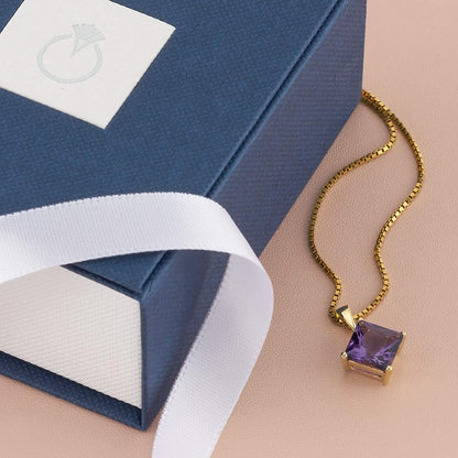 Solid 14K Yellow Amethyst Pendant for Women, 2 Carats Princess Cut 8Mm, Genuine Gemstone Solitaire, Real Amethyst Necklace, February Birthstone Necklace, for Jewelry Gift & Everyday Wear