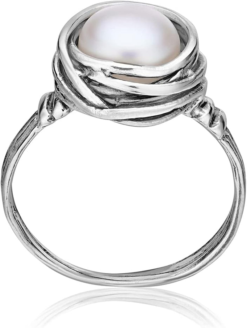 925 Sterling Silver Ring with Fresh Water Pearl Wire Wrap Vintage Design - Hypoallergenic, Nickel & Lead-Free - Artisan Handcrafted Statement Rings for Women