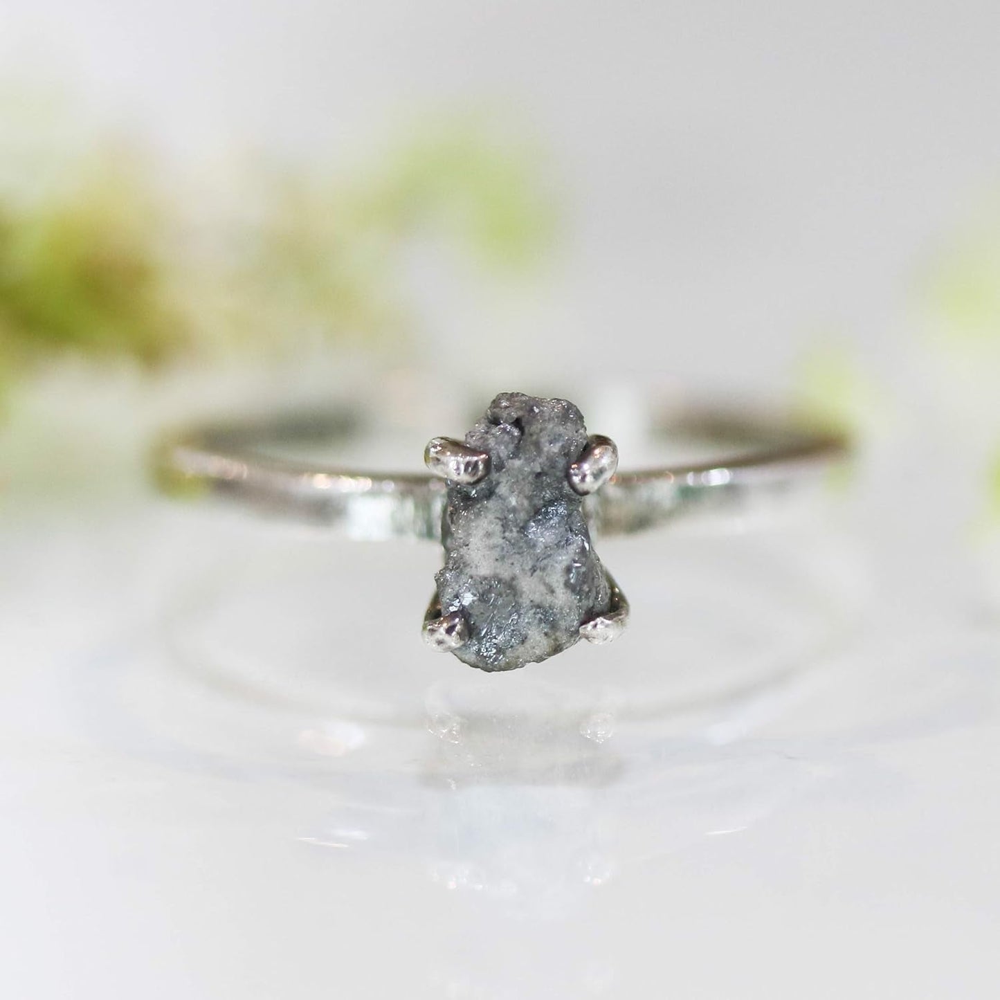 Real White/Grey Rough Diamond Ring in Prongs Setting with Sterling Silver High Polished Band - WORLD TIME VISITS