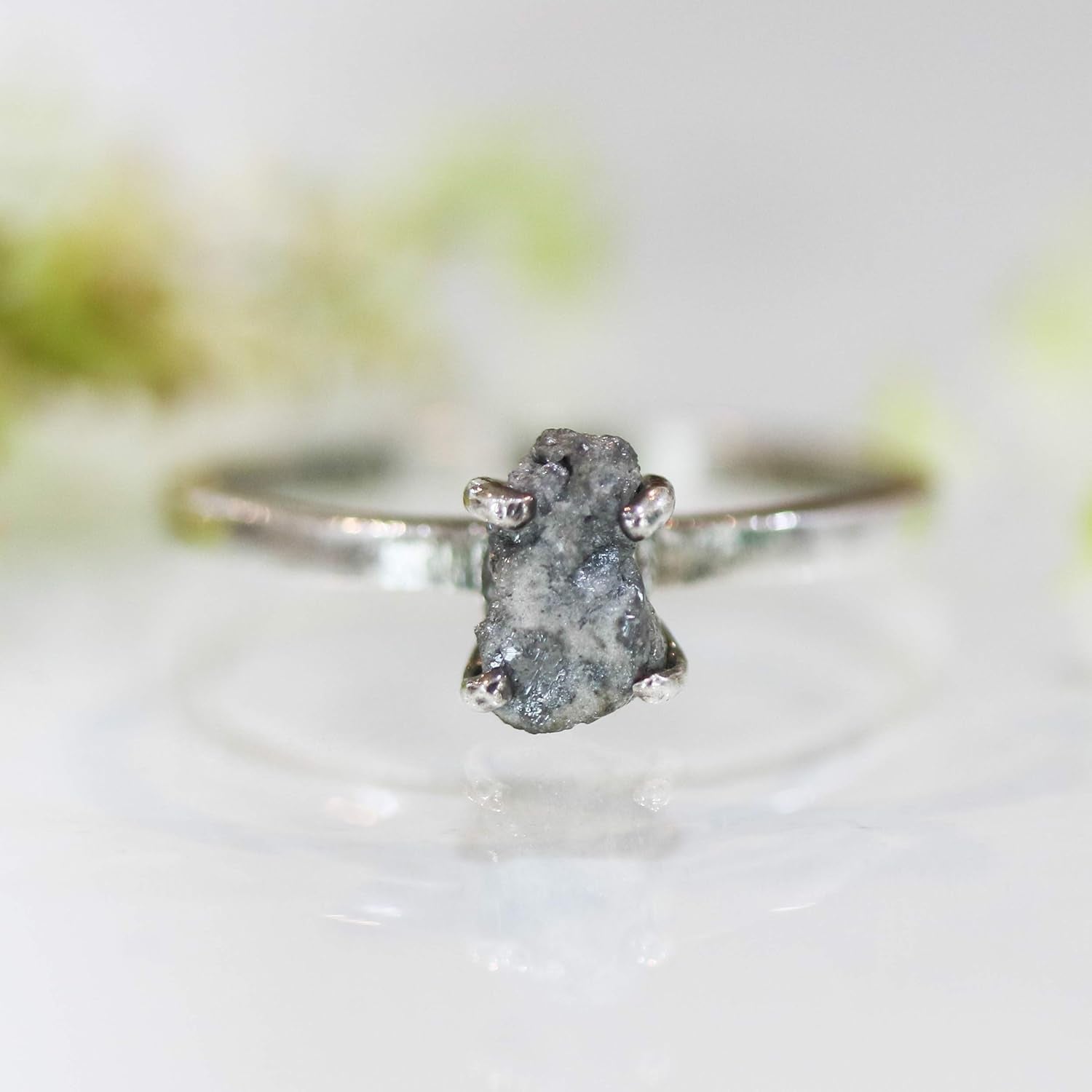 Real White/Grey Rough Diamond Ring in Prongs Setting with Sterling Silver High Polished Band - WORLD TIME VISITS
