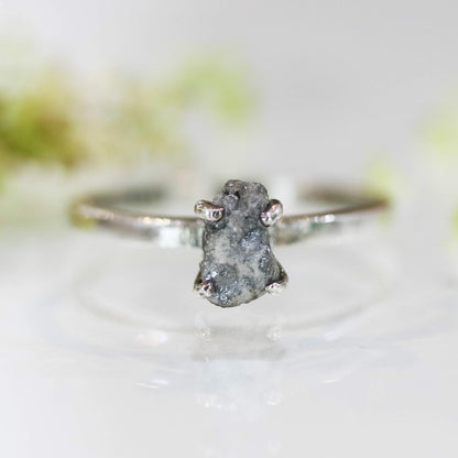 Real White/Grey Rough Diamond Ring in Prongs Setting with Sterling Silver High Polished Band - WORLD TIME VISITS