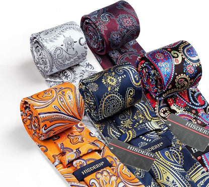 Mens Ties Set 5PCS Collection Tie with Pocket Sqaure Formal Business Necktie Present Box Neckties Set for Men
