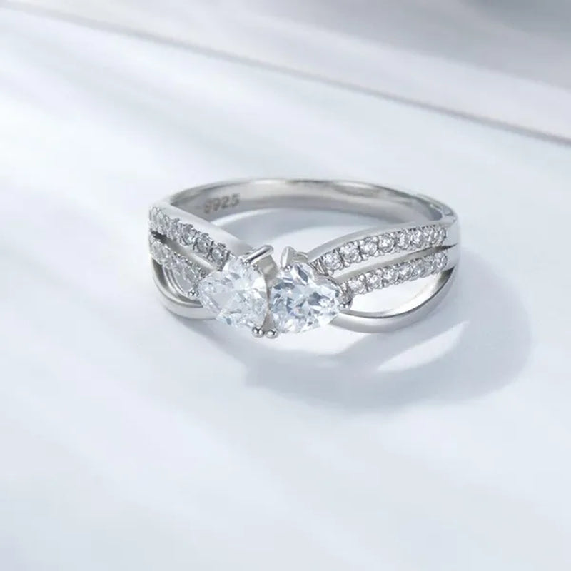 925 Sterling Silver Double Heart with Heart Moissanite Diamond Rings Wedding Enagement Courtship Ring Jewelry