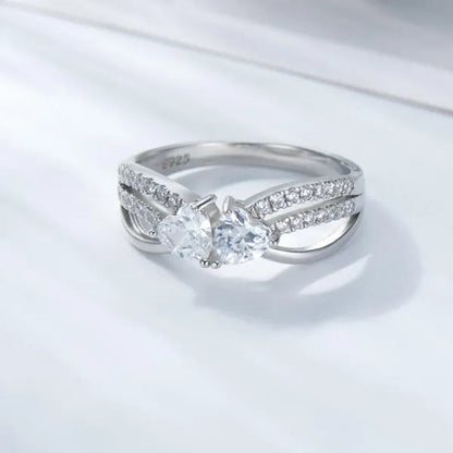 925 Sterling Silver Double Heart with Heart Moissanite Diamond Rings Wedding Enagement Courtship Ring Jewelry