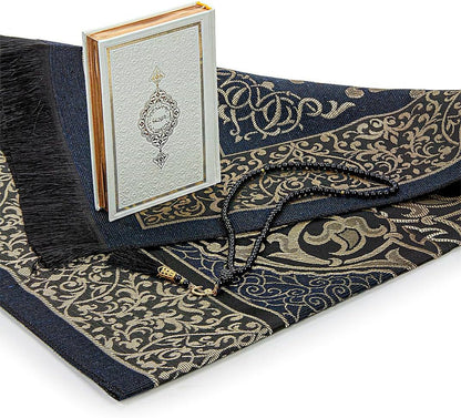 Muslim Prayer Rug and Quran with Prayer Beads, Kaaba Decor Box, Islamic Gift for Women & Men, Elegant Islam Set for Ramadan, Eid, Umrah, Birthday, Travel