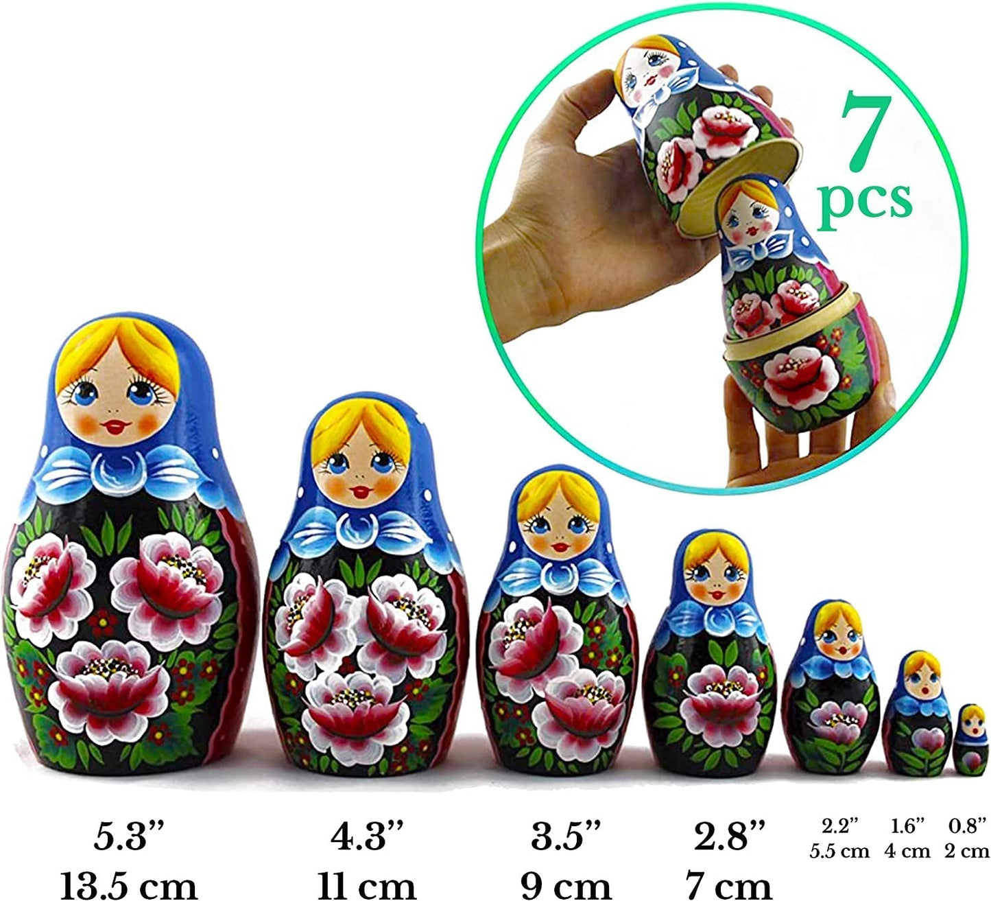 Nesting Babushka Dolls - Handmade Rose Hand-Painted - Matruska Stacking 7 Dolls - Munecas Rusas - Home Decor Decorations - WORLD TIME VISITS