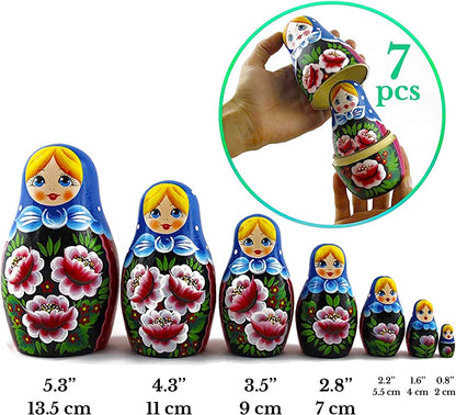 Nesting Babushka Dolls - Handmade Rose Hand-Painted - Matruska Stacking 7 Dolls - Munecas Rusas - Home Decor Decorations - WORLD TIME VISITS