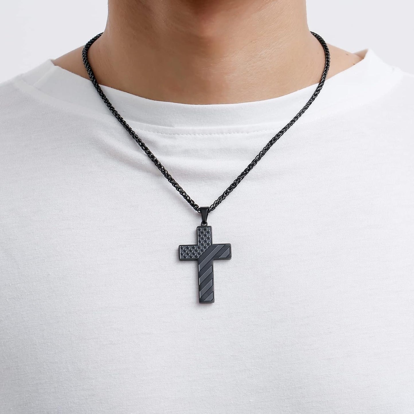 Valentines Day Gifts for Him -18+2 Inch Cross Necklace Bible Verse Stainless Steel American Flag Pendant Chain for Men Boys Cross Jewelry Gift