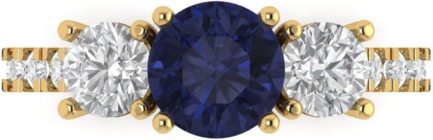 2 Ct round Cut Solitaire 3 Stone Genuine Simulated Blue Sapphire Engagement Promise Anniversary Bridal Ring 18K Yellow Gold