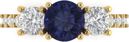 2 Ct round Cut Solitaire 3 Stone Genuine Simulated Blue Sapphire Engagement Promise Anniversary Bridal Ring 18K Yellow Gold