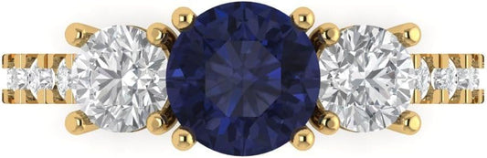 2 Ct round Cut Solitaire 3 Stone Genuine Simulated Blue Sapphire Engagement Promise Anniversary Bridal Ring 18K Yellow Gold