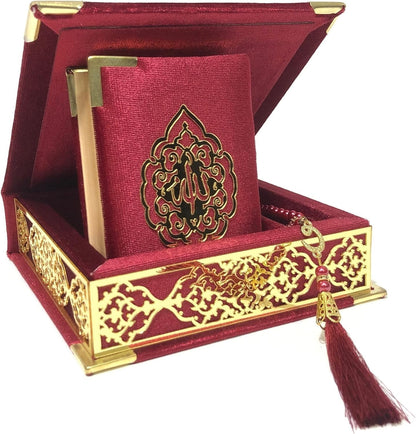 Velvet Covered Quran Tasbeeh Islamic Gift Set, Holy Quran Prayer Beads Wooden Gift Box, Islamic Birthday, Wedding, Graduation, Eid, Ramadan Gift Favor (Claret Red)