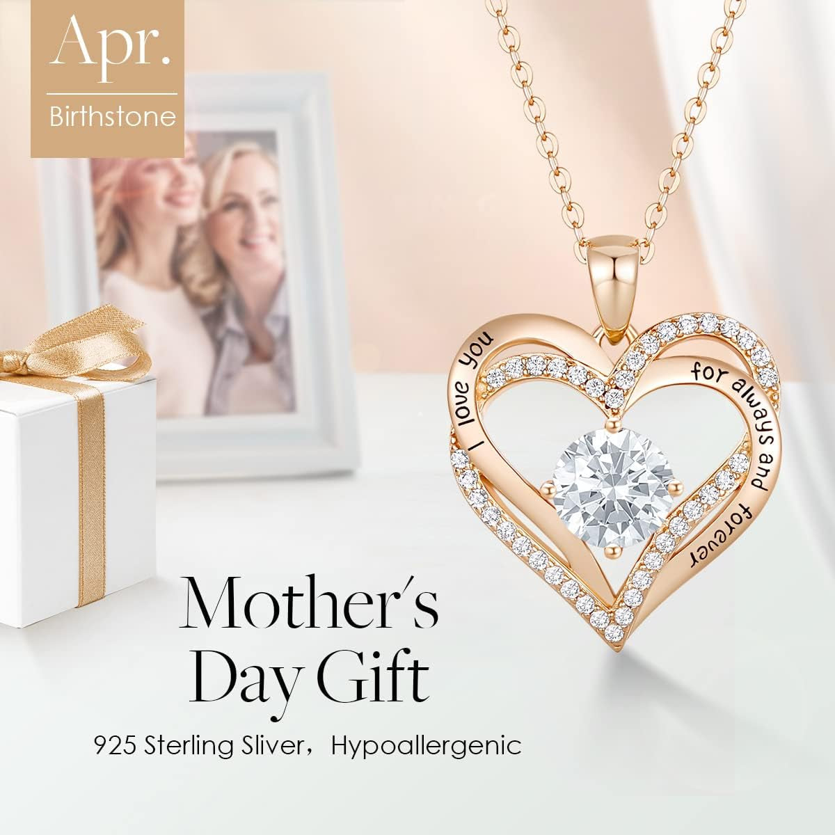 Forever Love Heart Women Necklace 925 Sterling Silver Rose Gold Plated Birthstone Pendant Necklaces for Women with Cubic Jewelry Gifts Birthday Gift for Mom Women Wife Girls Graduation Gifts for Her
