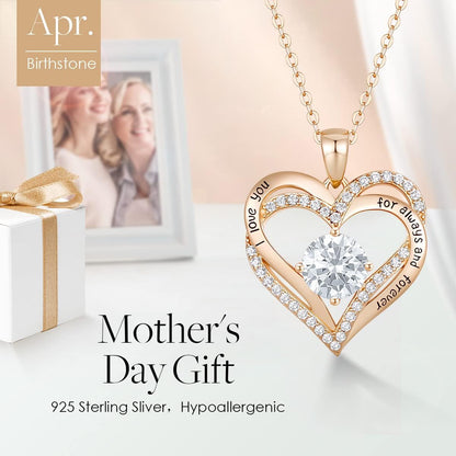 Forever Love Heart Women Necklace 925 Sterling Silver Rose Gold Plated Birthstone Pendant Necklaces for Women with Cubic Jewelry Gifts Birthday Gift for Mom Women Wife Girls Graduation Gifts for Her