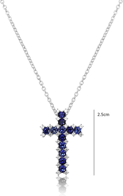925 Sterling Silver Created Sapphire Cross Pendant Necklace