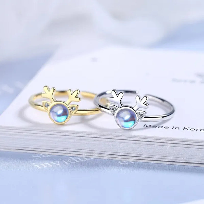 Korean Antler Ring 925 Sterling Silver Artificial Moonstone Rings for Women All with You Ring Adjustable Size - WORLD TIME VISITS