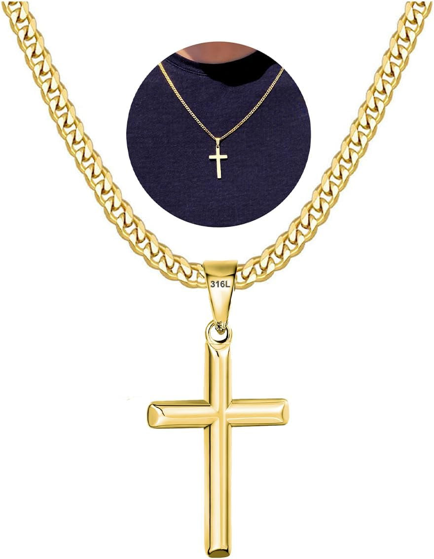 316L Stainless Steel Cross Chain Necklace Valentines Stuff Jewelry Gifts for Men Boys, Silver Gold Black Necklaces 5Mm Non-Fading Sturdy Cuban Chain with Cross Pendant 14/16/18/20/22/24Inch - WORLD TIME VISITS