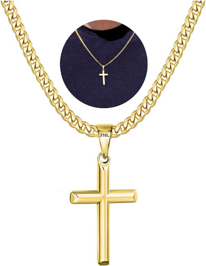 316L Stainless Steel Cross Chain Necklace Valentines Stuff Jewelry Gifts for Men Boys, Silver Gold Black Necklaces 5Mm Non-Fading Sturdy Cuban Chain with Cross Pendant 14/16/18/20/22/24Inch - WORLD TIME VISITS