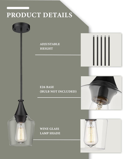 Modern Pendant Light Fixture, 1-Light Black Hanging Light Light Fixtures with Wine Glass Shade, Adjustable Height, Kitchen Island Pendant Lighting for Dining Room