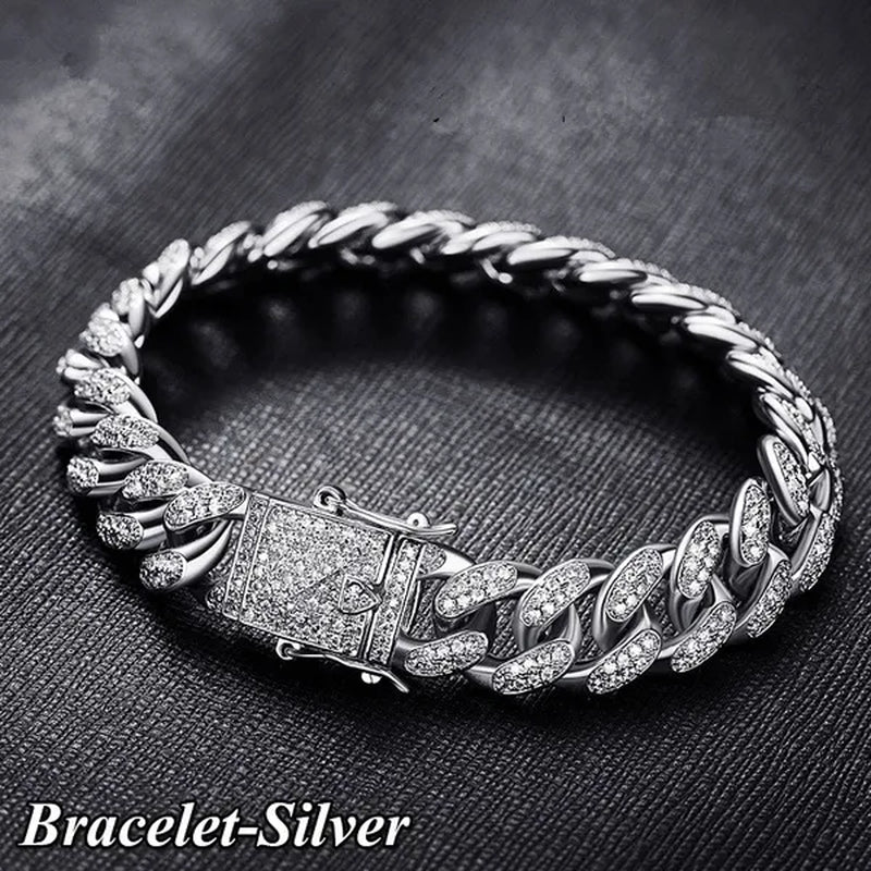 Gold/Silver Stainless Steel Hip Hop Jewelry Iced Out Rhinestone Thick Miami Cuban Link Chain Necklace Bracelet 7-28 Inch