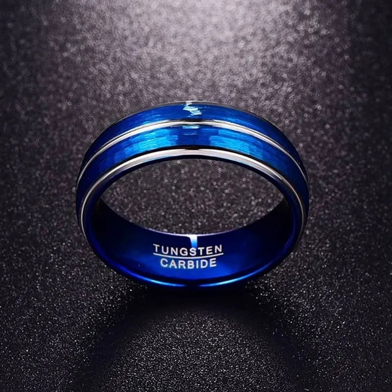 NEW 8Mm Polished Grooved Tungsten Steel Rings Blue Brushed Hammered Step Edge Jewelry for Men Wedding Band