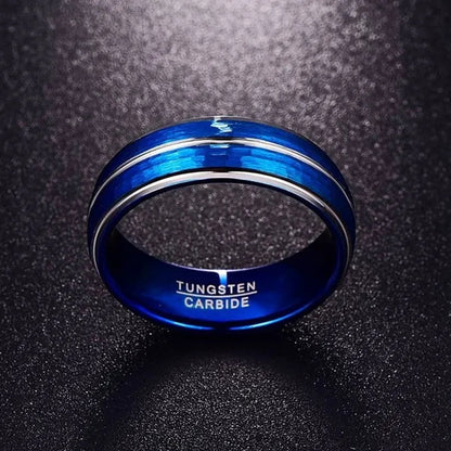 NEW 8Mm Polished Grooved Tungsten Steel Rings Blue Brushed Hammered Step Edge Jewelry for Men Wedding Band