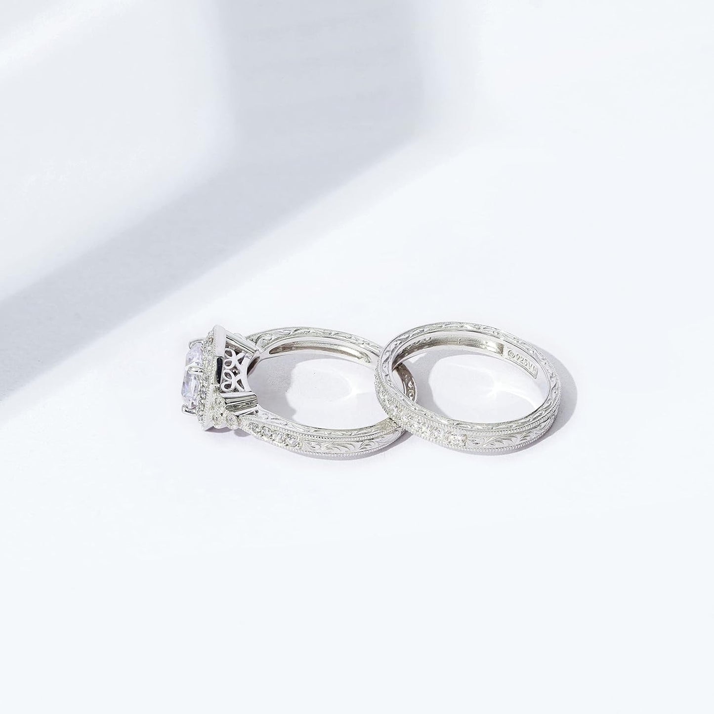 Platinum or Gold Plated Sterling Silver Antique Ring Set with Asscher-Cut Infinite Elements Cubic Zirconia (Previously Amazon Collection)