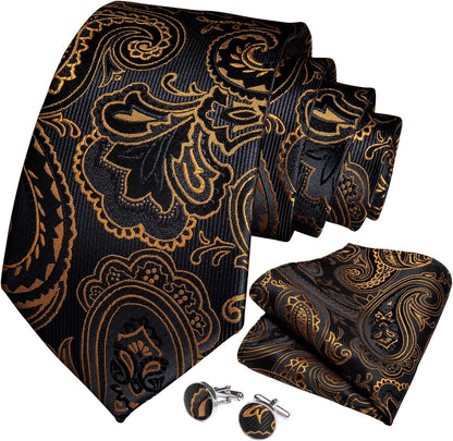 Mens Tie Set Silk Solid Paisley Necktie and Pocket Square Cufflinks Classic Formal Ties for Men Wedding Party - WORLD TIME VISITS