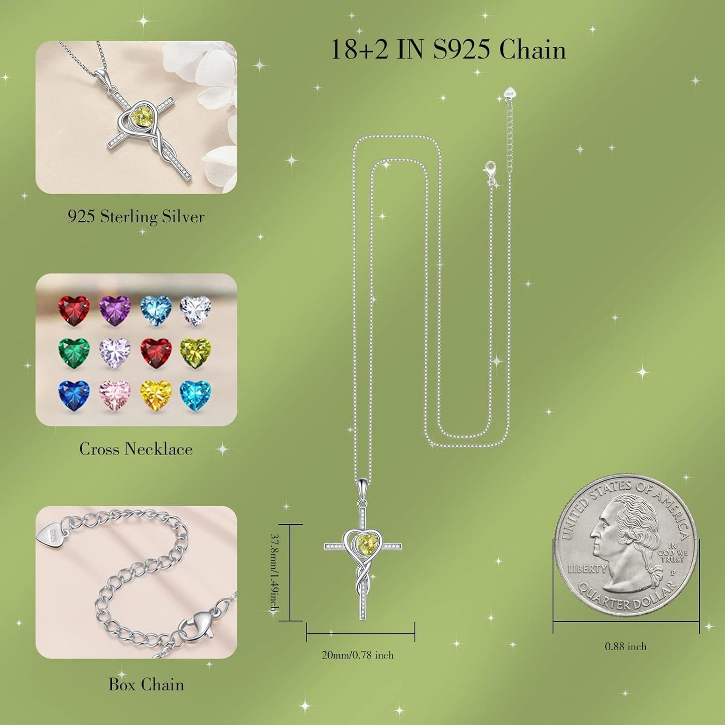 Mothers Day Necklace Cross Necklaces for Women Infinity Pendant Sterling Silver Religious Jewelry Pendant Necklace with Birthstone Moon Necklace with Heart Crystal Birthday Gifts for Women Girls