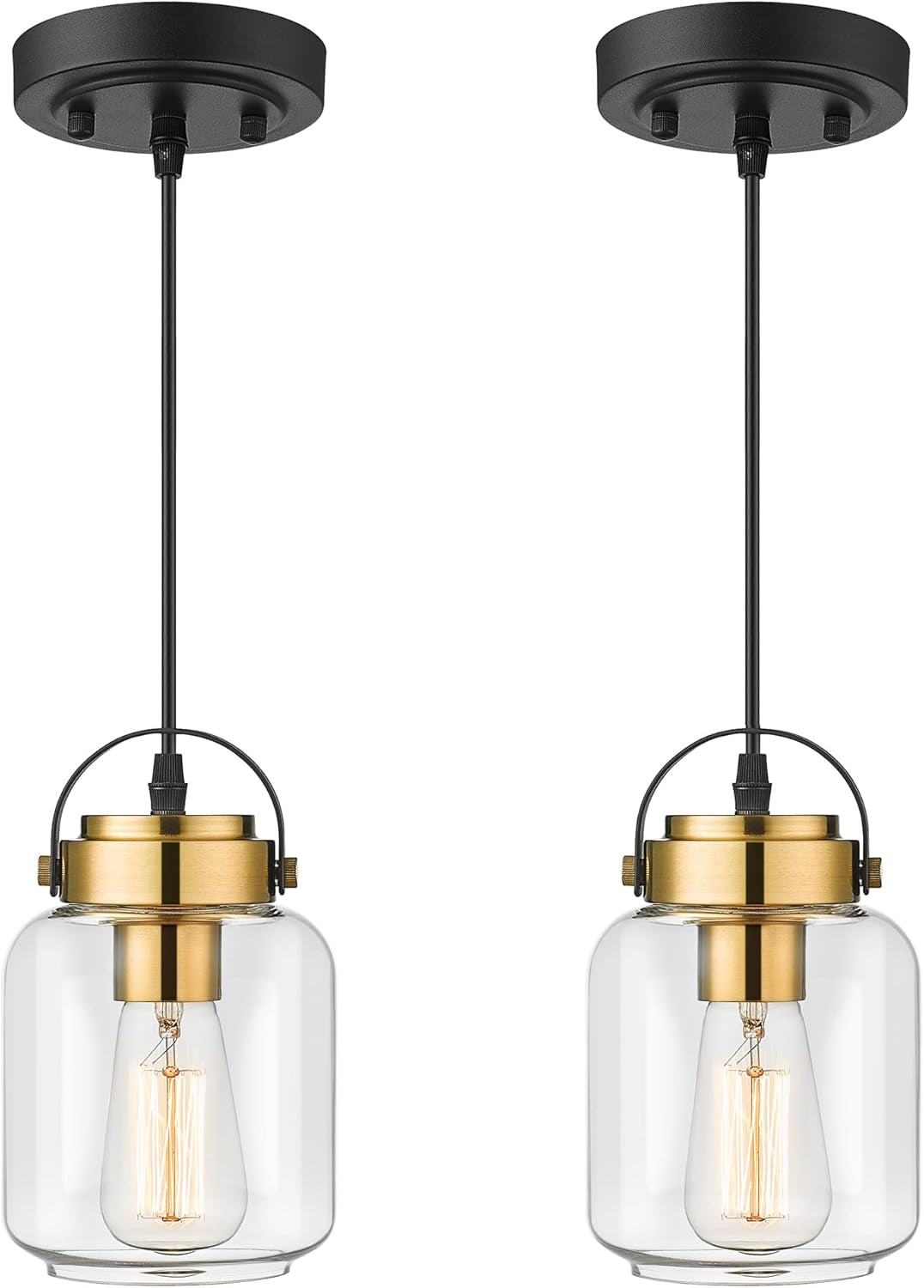 HWH Pendant Lights 2 Pack, Modern Glass Hanging Light Fixtures for Kitchen Island, Industrial Island Light for Dining Room, Bedroom, Schoolhouse, Black and Gold Finish, 5HZG61M1L-2 BK+BG - WORLD TIME VISITS