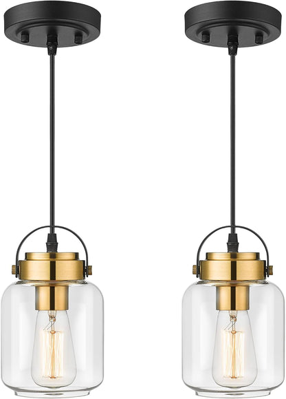 HWH Pendant Lights 2 Pack, Modern Glass Hanging Light Fixtures for Kitchen Island, Industrial Island Light for Dining Room, Bedroom, Schoolhouse, Black and Gold Finish, 5HZG61M1L-2 BK+BG - WORLD TIME VISITS