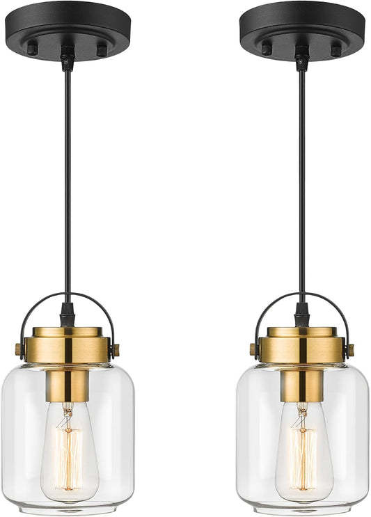 HWH Pendant Lights 2 Pack, Modern Glass Hanging Light Fixtures for Kitchen Island, Industrial Island Light for Dining Room, Bedroom, Schoolhouse, Black and Gold Finish, 5HZG61M1L-2 BK+BG - WORLD TIME VISITS