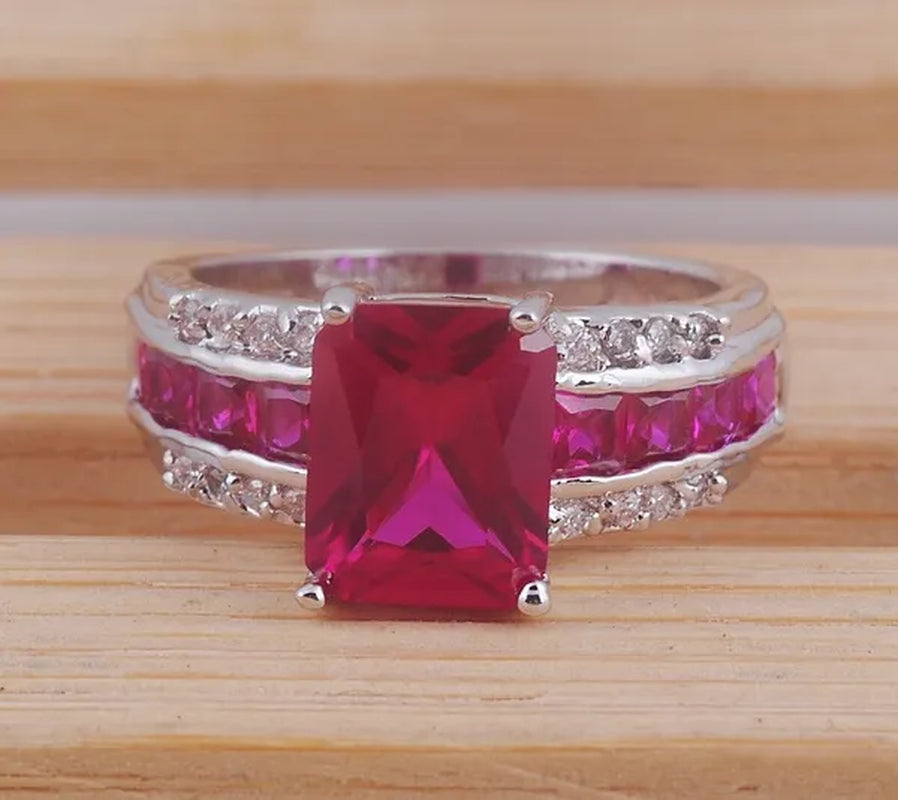Fashion Princess cut Ruby gemstones 925 sterling silver ring size7 8 9 M329