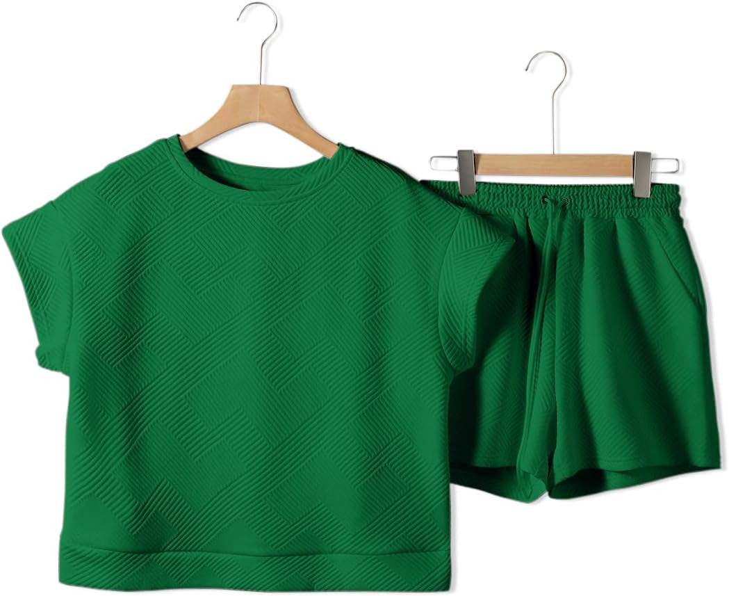 Women'S 2 Piece Outfits Sweatsuit Casual Short Sleeve Pullover Tops and Drawstring Shorts Pants Lounge Sets