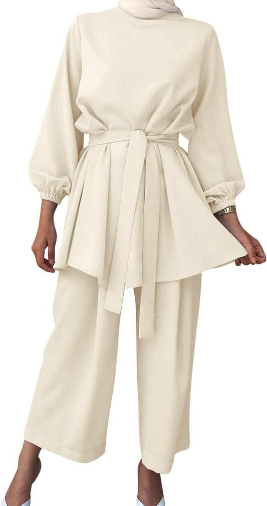 Abayas for Women Muslim Long Sleeve Loose Top Pants 2 Pcs Dubai Islamic Muslim Clothes - WORLD TIME VISITS