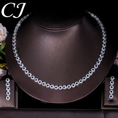 CANDICE Classic Round Cut Blue Choker Necklace Earrings Top Grade AAA+ CZ Stone Women Evening Jewelry Sets For Party